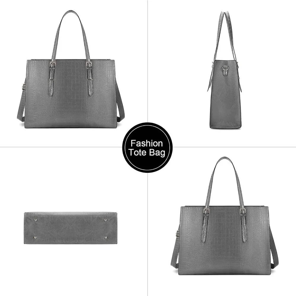 〽️Women Grey Leather Waterproof Professional Shoulder Bag 15.6 Inch Laptop Bag